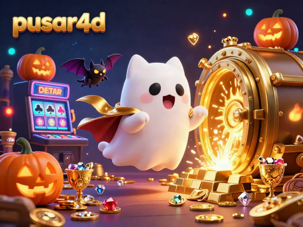 Experience the excitement of pusar4d with a friendly ghost cat and treasures surrounding a haunted casino scene.