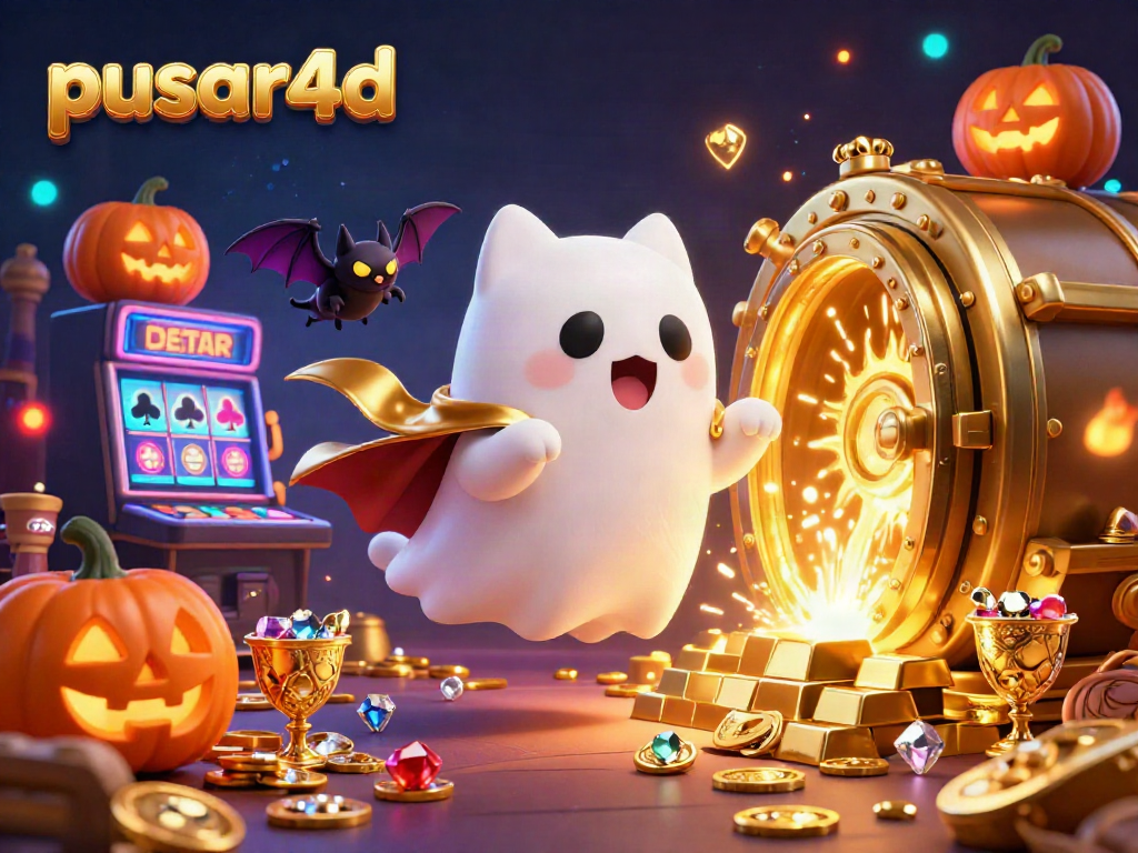 Experience the excitement of pusar4d with a friendly ghost cat and treasures surrounding a haunted casino scene.