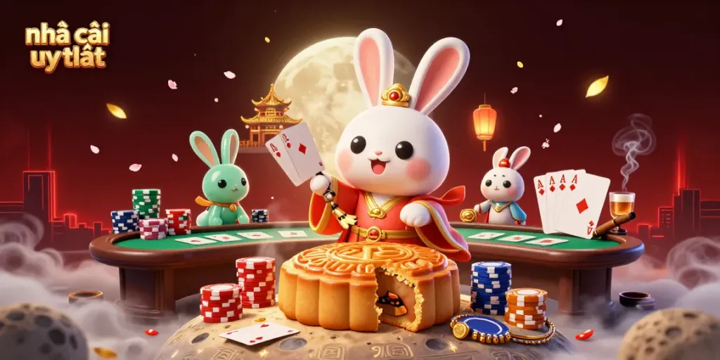 Engage in the thrill of Nhà cái uy tín with a lively moonlit casino scene filled with poker chips.