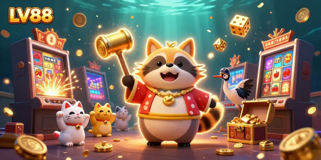 Win big at LV88 with a cheerful tanuki in a vibrant casino setting surrounded by luck symbols.