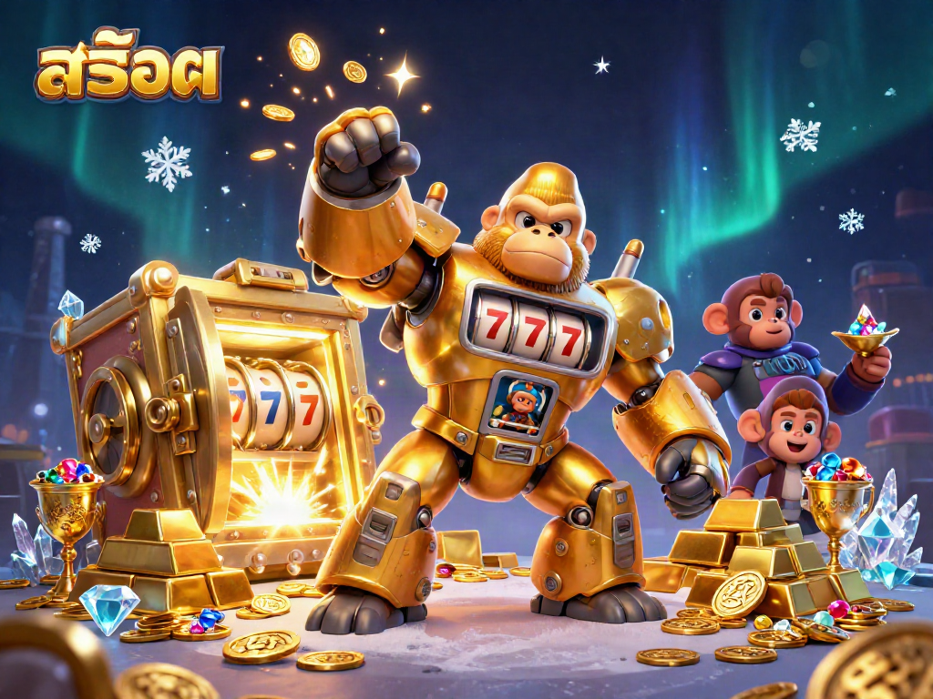 Engage with exciting สล็อต adventures featuring a golden gorilla mech and treasure vault.