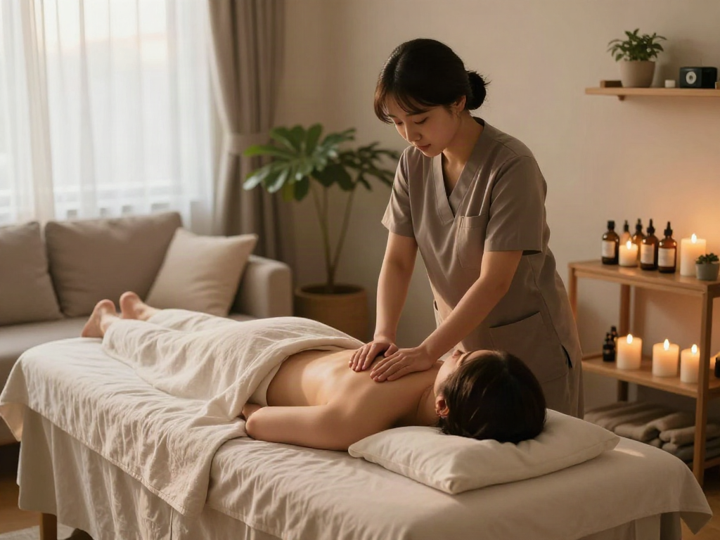Relaxing 서울출장마사지 scene with therapist and client in a cozy spa setting, warm ambient lighting and essential oils present.