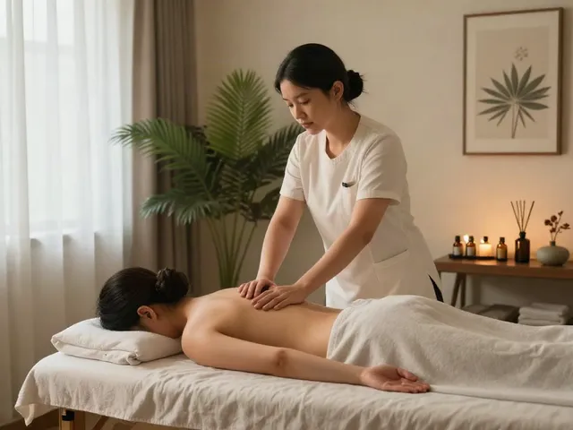 Relaxing 출장안마 session in a tranquil massage room with calming atmosphere.