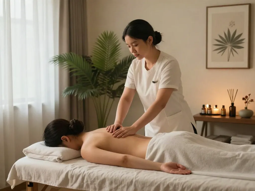 Relaxing 출장안마 session in a tranquil massage room with calming atmosphere.