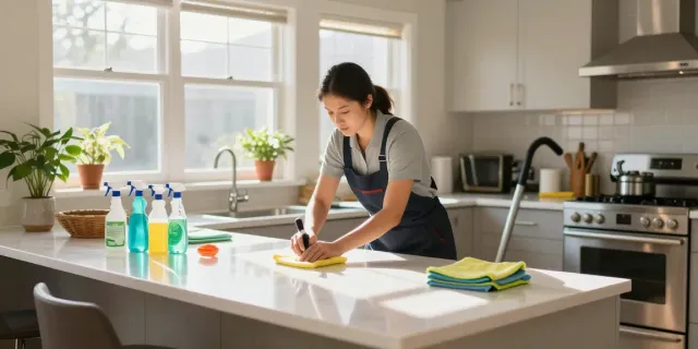 End of lease cleaning in Melbourne service with professional cleaner scrubbing countertops.