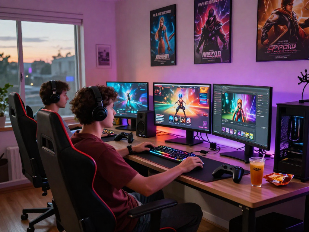 Gamer enjoying immersive porn games at a modern gaming setup with colorful lights.