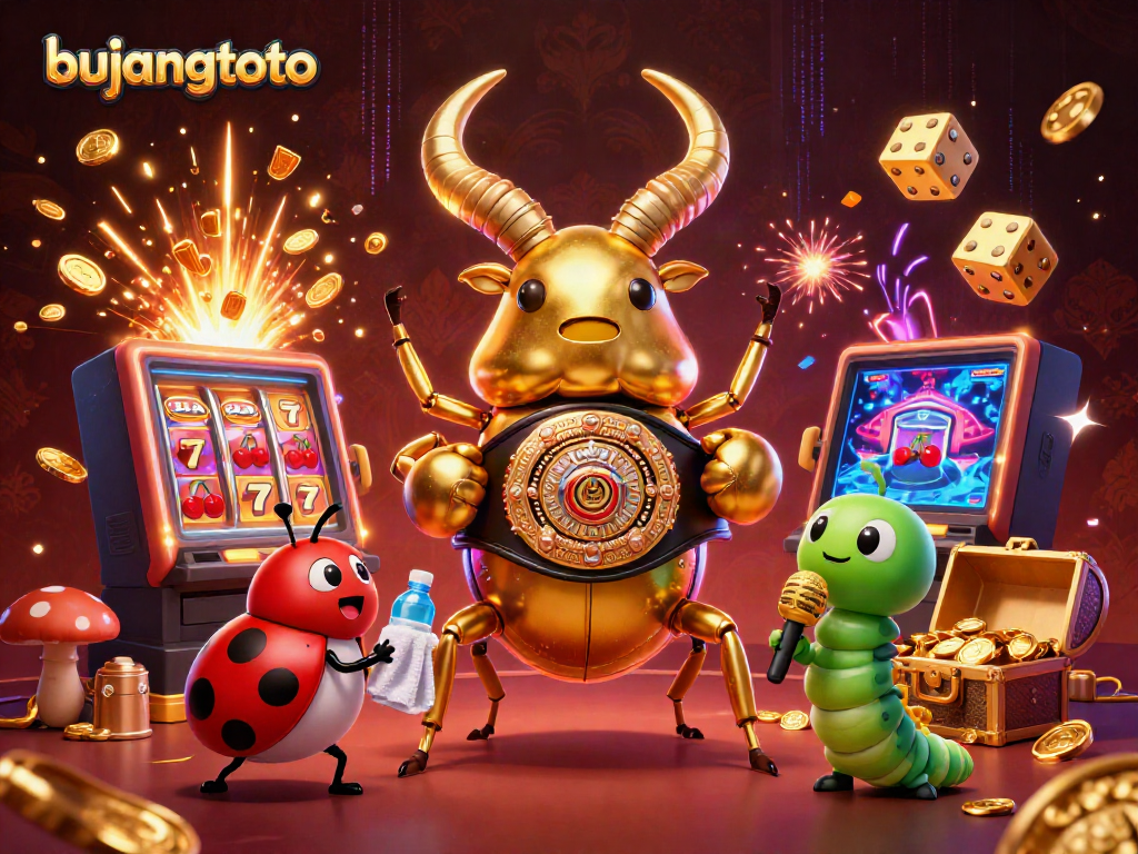 Experience bujangtoto's dynamic gaming atmosphere with a golden stag beetle champion and vibrant casino elements.