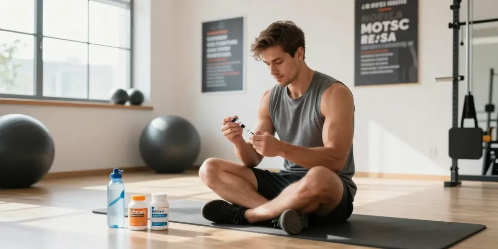 Young man preparing to inject MOTS-c 40 peptide in a bright home gym, surrounded by fitness gear.