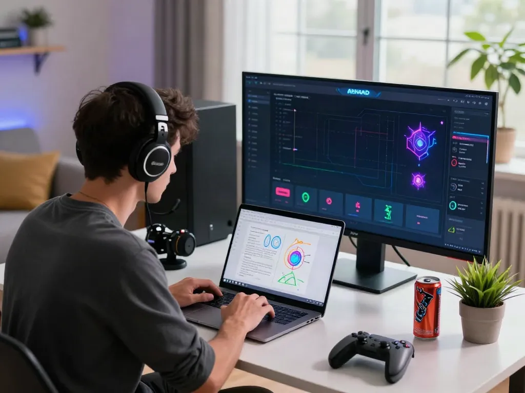 A dedicated gamer analyzing the Ahha4d platform at a modern home office, showcasing strategy notes and gaming gear.