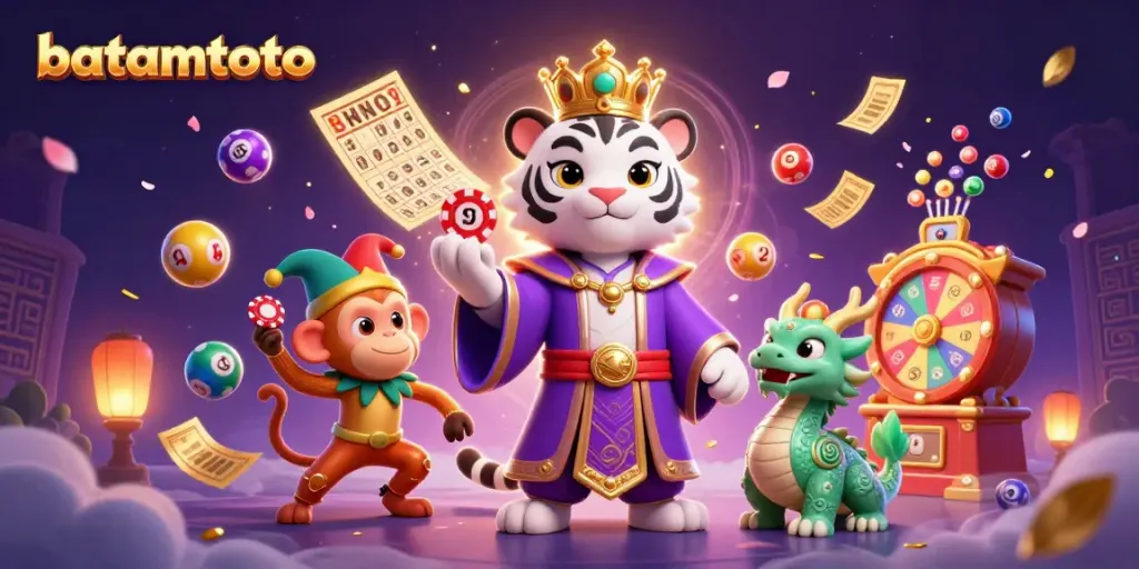 Engage in batamtoto gaming with a vibrant illustration featuring a tiger, monkey, and dragon amidst dynamic casino elements.