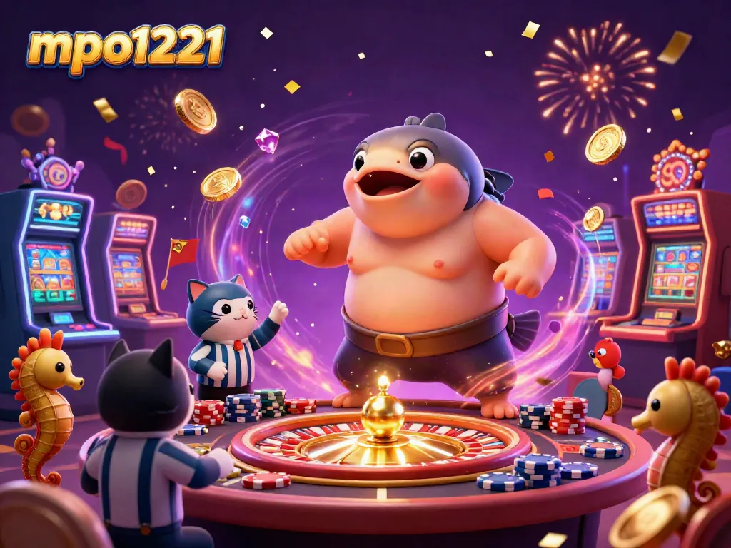 Engage in exciting gameplay with mpo1221 in this vibrant 3D casino illustration showcasing the thrill of slot machines and betting.