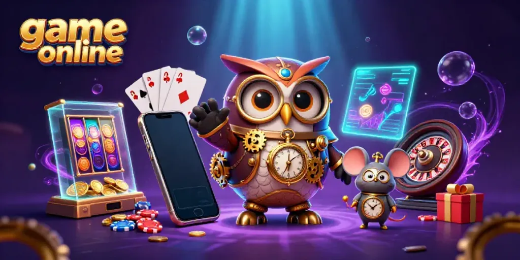 Experience thrilling game online action with a whimsical owl and mouse in a vibrant casino universe.