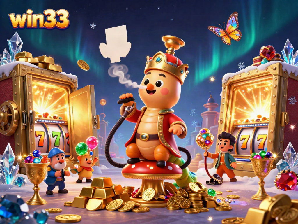 Experience exhilarating slot action with win33 in this vibrant 3D casino illustration.