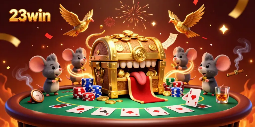 Engage with the vibrant world of 23win, showcasing a dynamic poker scene filled with treasure and excitement.