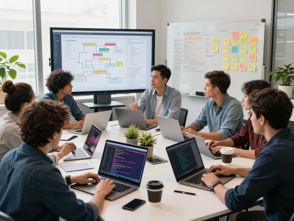 Team of developers collaborating in a tech workspace, illustrating top software companies in Nigeria.