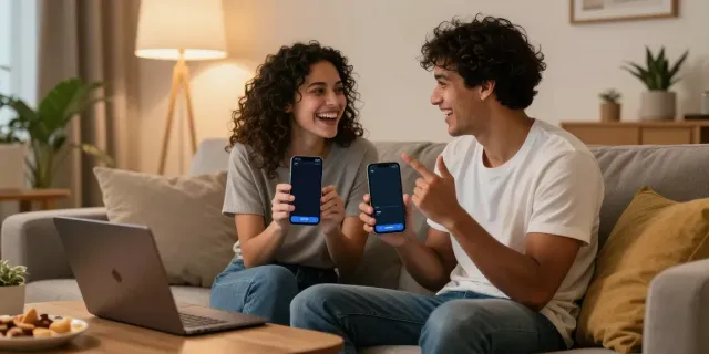 Engaging couple enjoying free AI sex chat at home on cozy couch, showcasing intimate interaction.