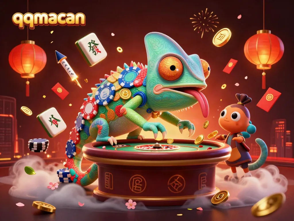 Experience the thrilling world of gambling with QQMacan's dynamic, colorful 3D casino scene.