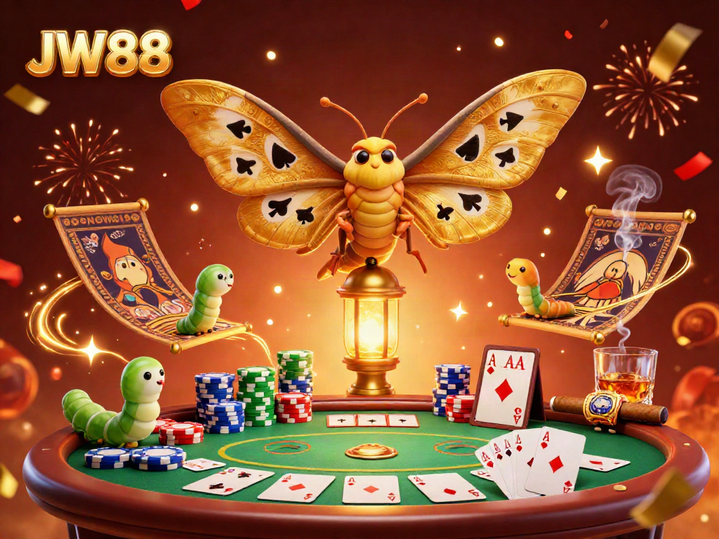 Experience thrilling casino fun with JW88 as a majestic atlas moth overlooks a vibrant poker scene.