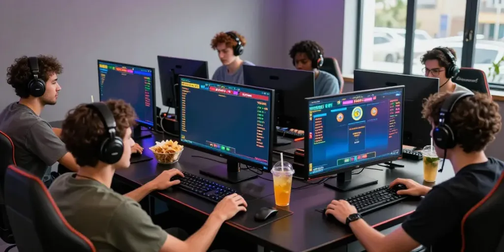 Friends enjoying a lively psgslot gaming session, surrounded by vibrant displays and snacks.