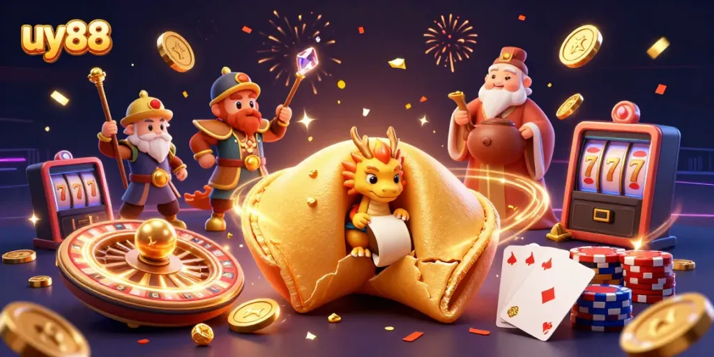Experience thrilling gaming at uy88 with a 3D fantasy illustration showcasing vibrant casino elements.