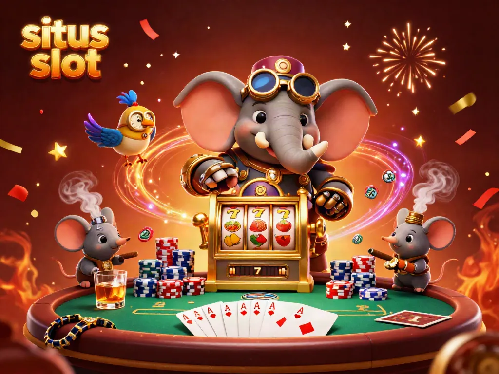 Spin the situs slot machine in this vibrant 3D illustration featuring a steampunk elephant engineer.