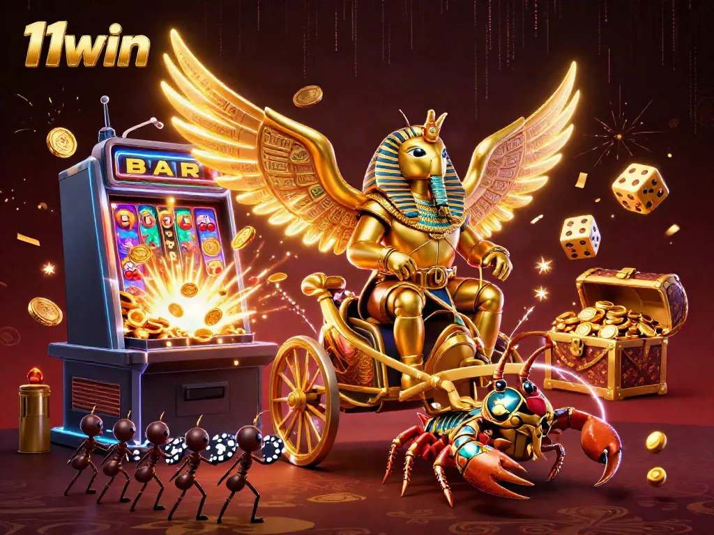 Experience thrilling gameplay with 11win's vibrant casino scene featuring slots and dynamic characters.