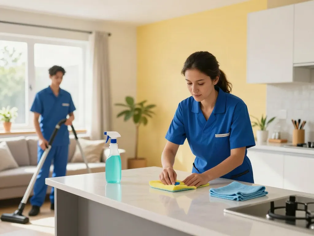 End of lease cleaning Melbourne in action, featuring a professional crew cleaning a bright living room.