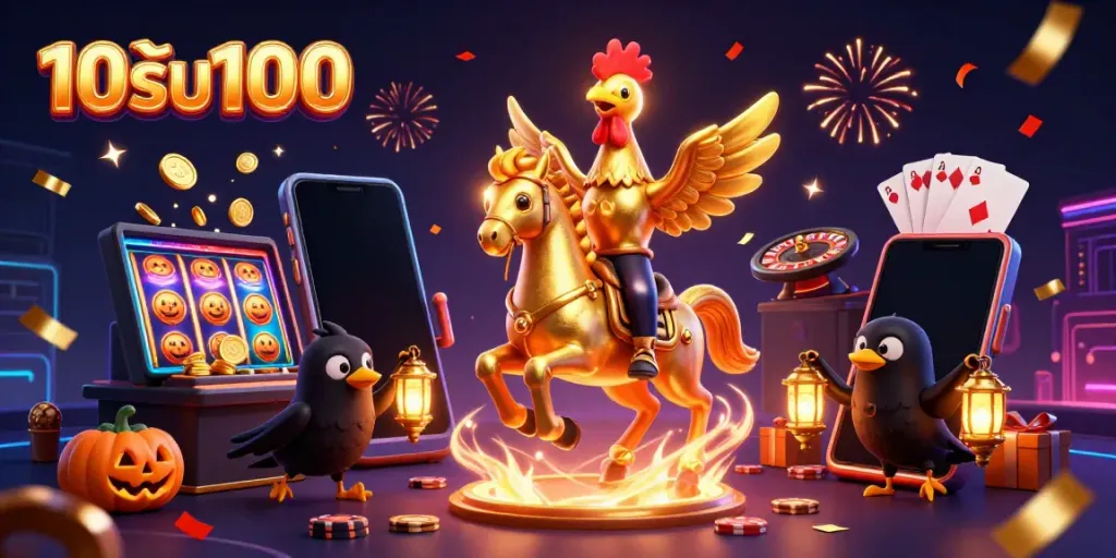 ภาพ 3D สัญลักษณ์ 10รับ100 แสดงการเล่นและสนุกกับคาสิโนออนไลน์ในบรรยากาศชวนตื่นเต้น