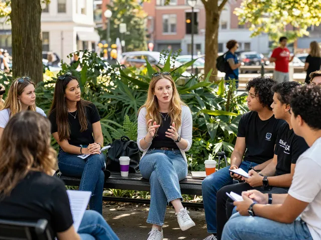 Chloe Sunderland discussing men's mental health with her audience outdoors.