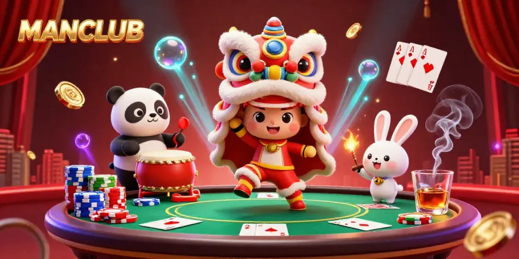 Engage with MANCLUB in a lively casino scene featuring a lion dance, poker table, and vibrant decorations.