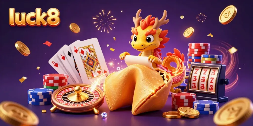 Experience the thrill of luck8 with a vibrant 3D casino scene featuring golden fortune cookie and dragon.