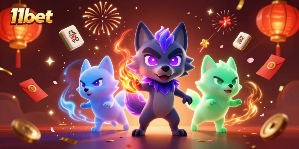 Play exciting games at 11bet with dynamic casino scenes featuring glowing characters and festive elements.