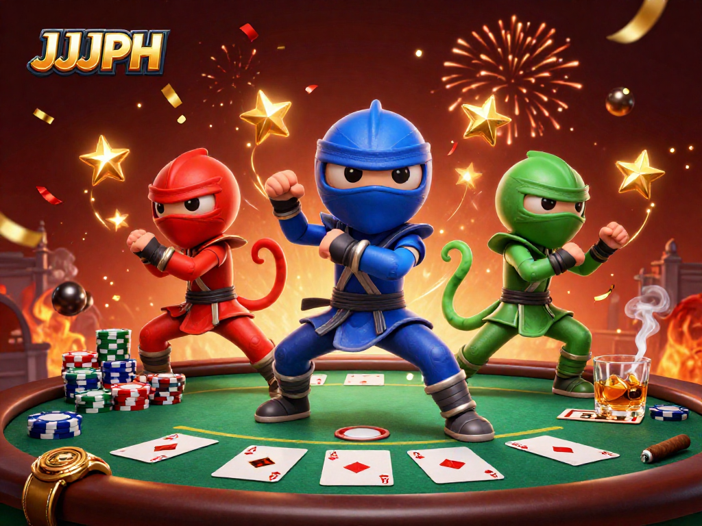 Experience thrilling poker strategy with JJJPH by watching a dynamic chameleon ninja showdown.