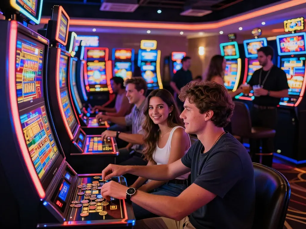 Exciting casino scene featuring diverse players engaged with colorful สล็อต slot machines.