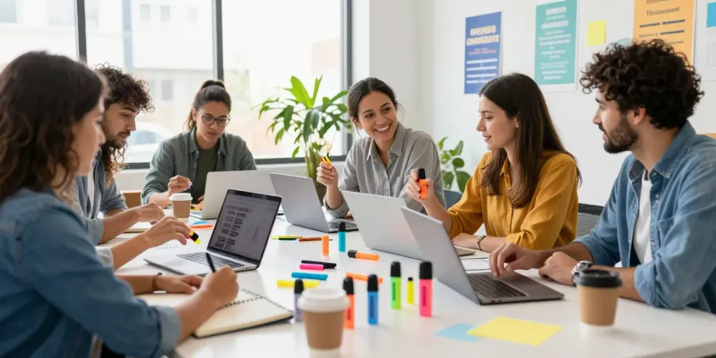 Highlighter pen supplier collaborating in a vibrant office with colorful stationery.