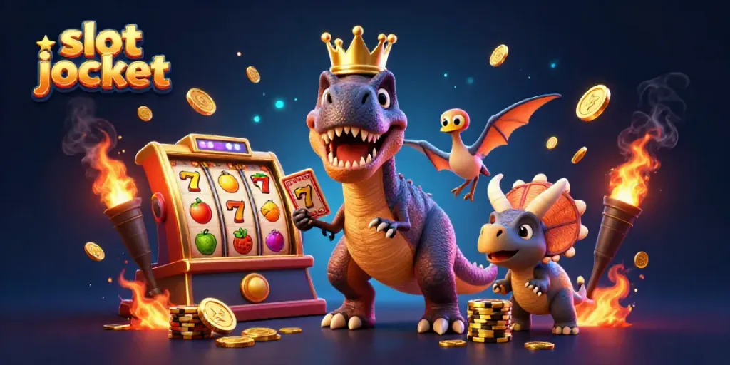 Menggandakan kesempatan menang slot jackpot dengan kartun dinosaurus dan simbol kasino.