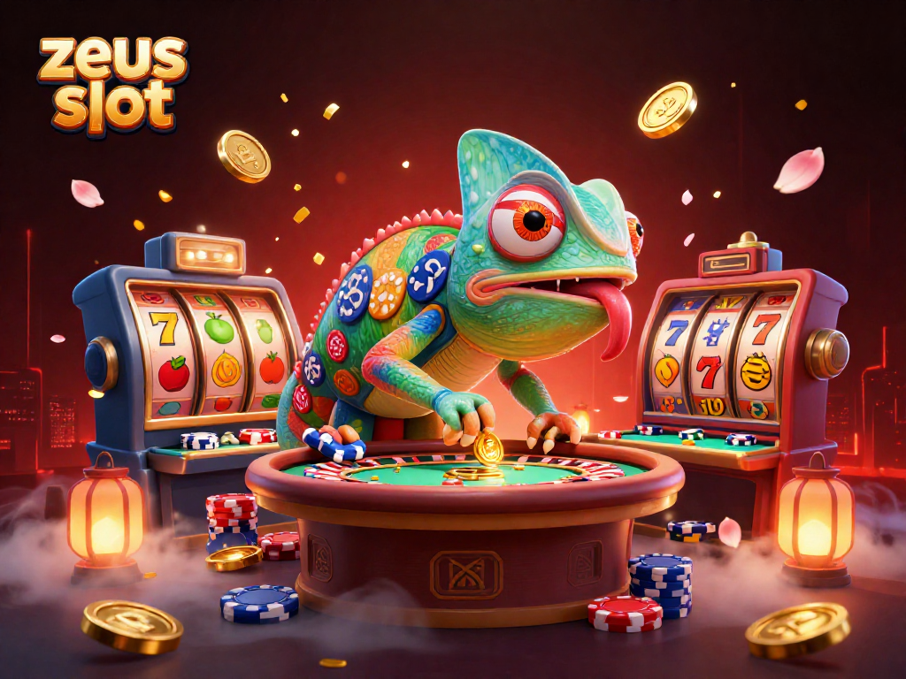 Bermain di zeus slot dengan chameleon pemilik kasino dan simbol jackpot yang memikat, siap untuk memajukan keberuntungan.