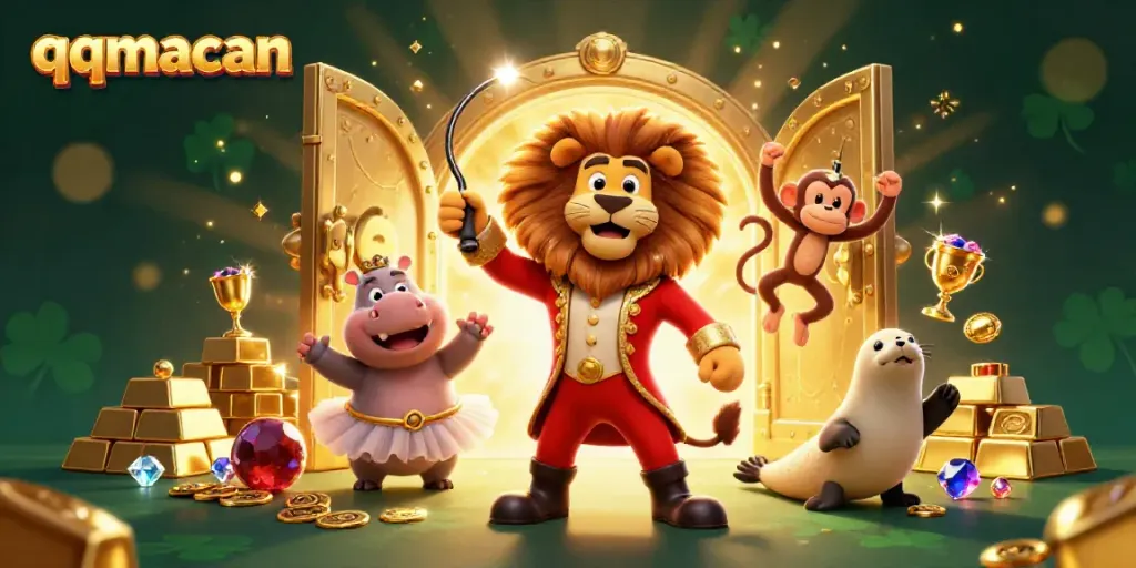 Experience the fun with qqmacan's vibrant casino characters surrounded by treasures and excitement.
