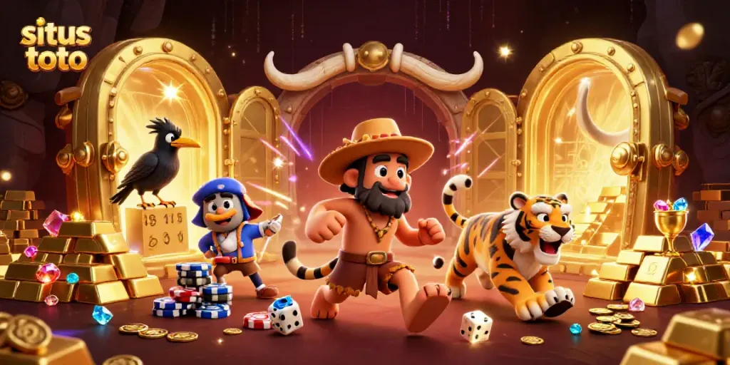 Menangkan permainan kasino di situs toto dengan karakter lucu dan elemen emas yang berkilauan.