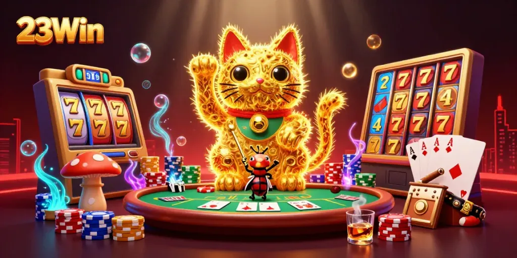 Experience thrilling casino adventures at 23Win with a vibrant lucky cat and dynamic game elements.