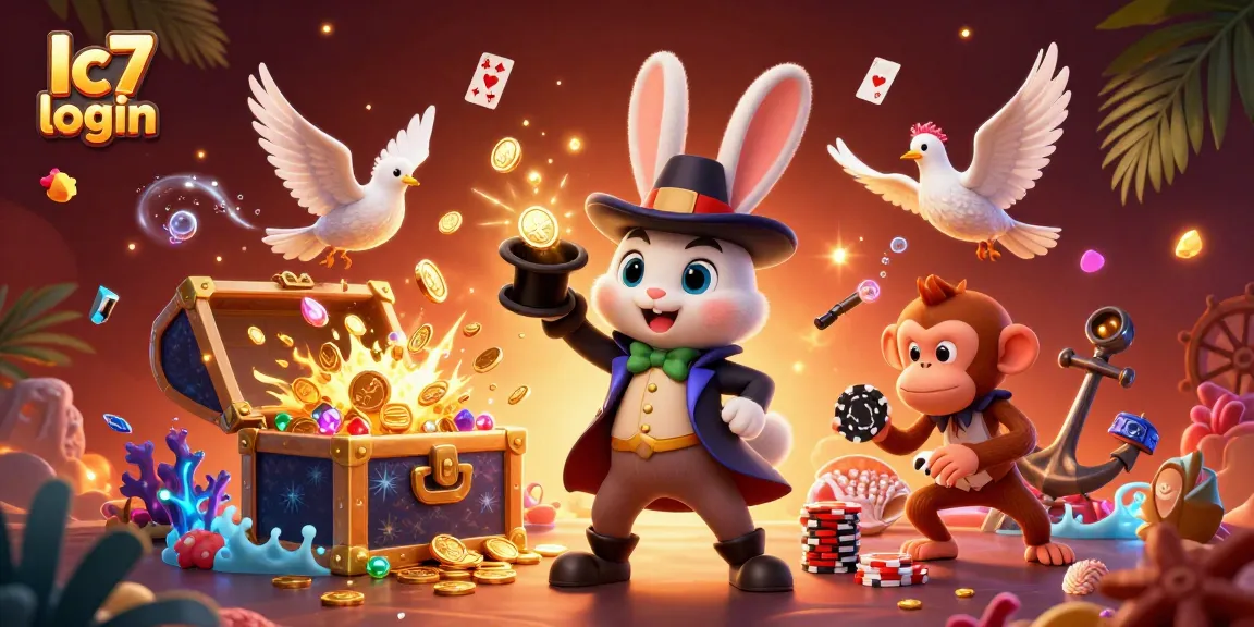 Engage with the Ic7 login experience through a vibrant casino scene filled with coins, features, and characters.