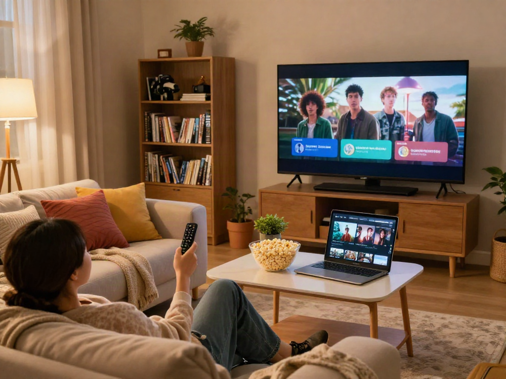 Relaxing at home watching cocoflix on a large screen in a cozy living room setup with snacks and warm lighting.
