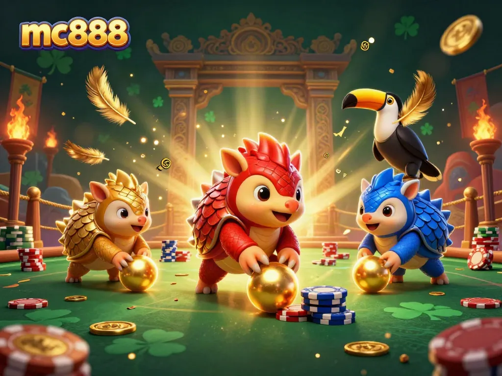 Temukan keseruan bermain di mc888 dengan dua pangolin kompetitif dan chip poker yang memukau.
