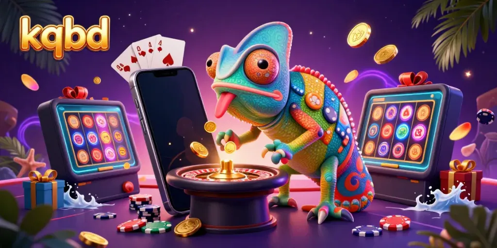 Experience the thrill of kqbd through a vibrant scene with a colorful chameleon and dynamic gambling elements.