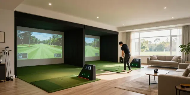 Home golf simulator setup showing how to build home golf sim with launch monitor and impact screen.