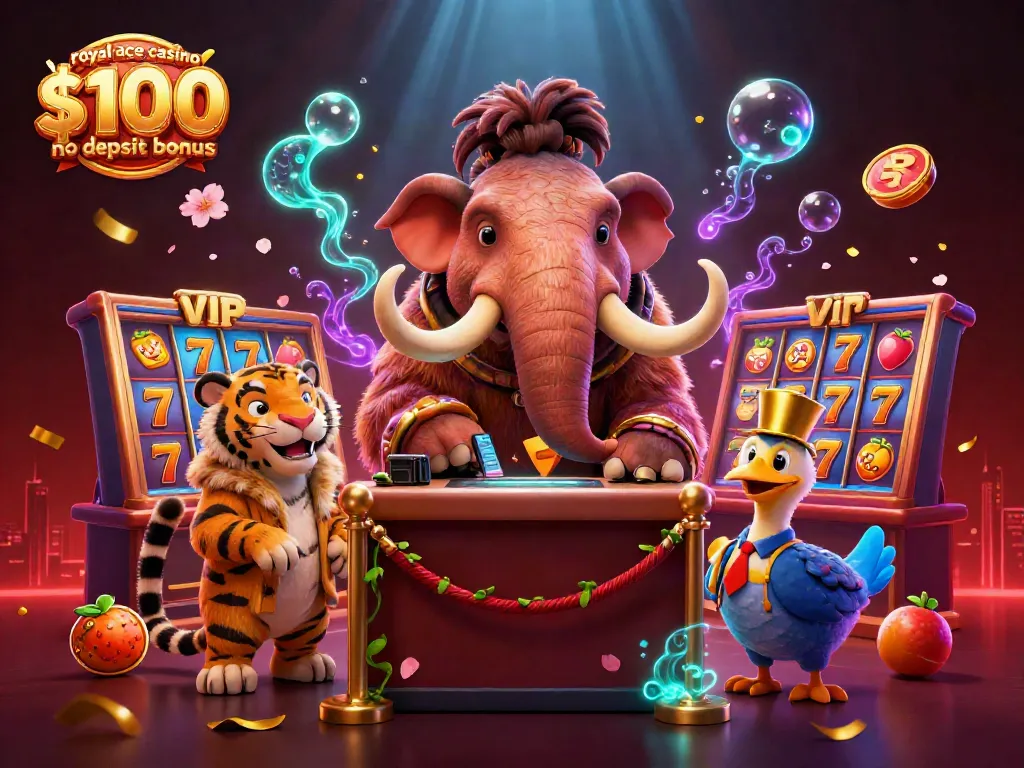 Win big with the royal ace casino $100 no deposit bonus at this vibrant, cartoon casino scene.