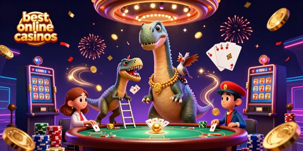 Experience the best online casinos with a whimsical 3D brontosaurus and raptor at an energetic casino scene.