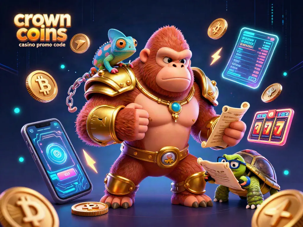 Engage with the crown coins casino promo code illustration, showcasing a gorilla king and vibrant casino elements.