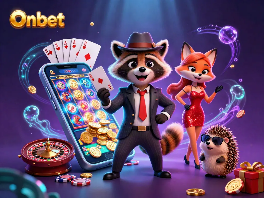 Experience Onbet with a raccoon holding a royal flush amidst vibrant casino elements.