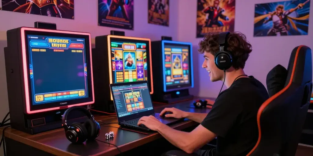 Engaged player enjoying slot gacor games on laptop with vibrant graphics and accessories.